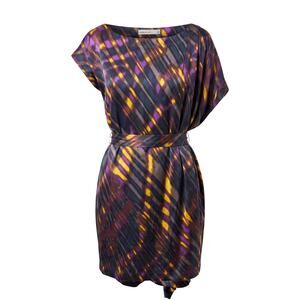 Karen Millen purple and yellow abstract print dress with batwing sleeves and tie